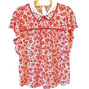 Womens Shirt Size Medium Red & White Floral Office Business Church Work Blouse